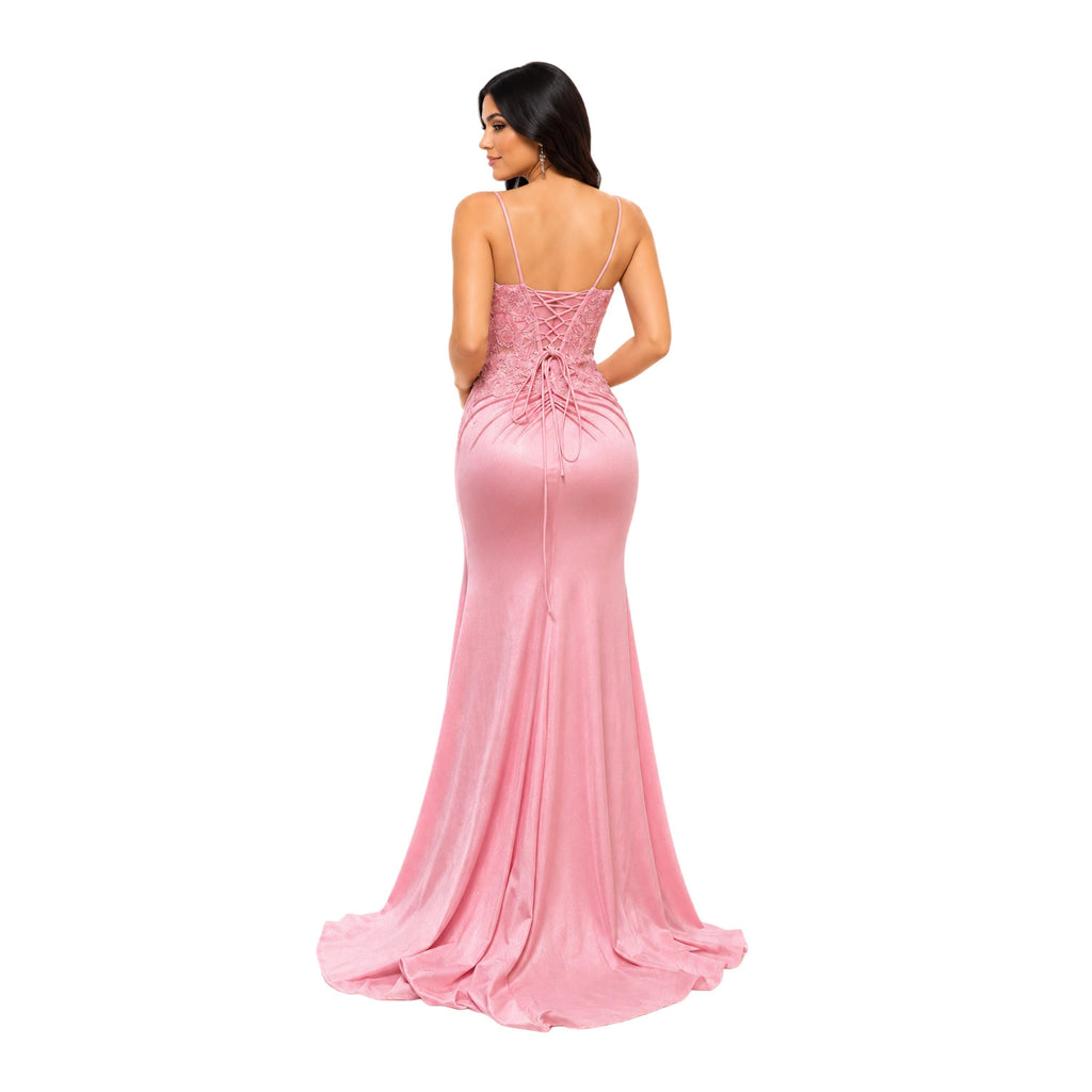 DQ 4556 Women's Elegant Formal Evening Gown with Lace Corset Bodice, Spaghetti Straps, Ruched Waist, High Slit and Floor Length Train