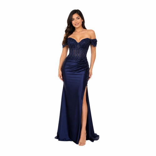 Cindy 50520 Elegant Off-the-Shoulder Evening Gown with Ruched Detail and High Slit for Formal Events Navy Womenswear