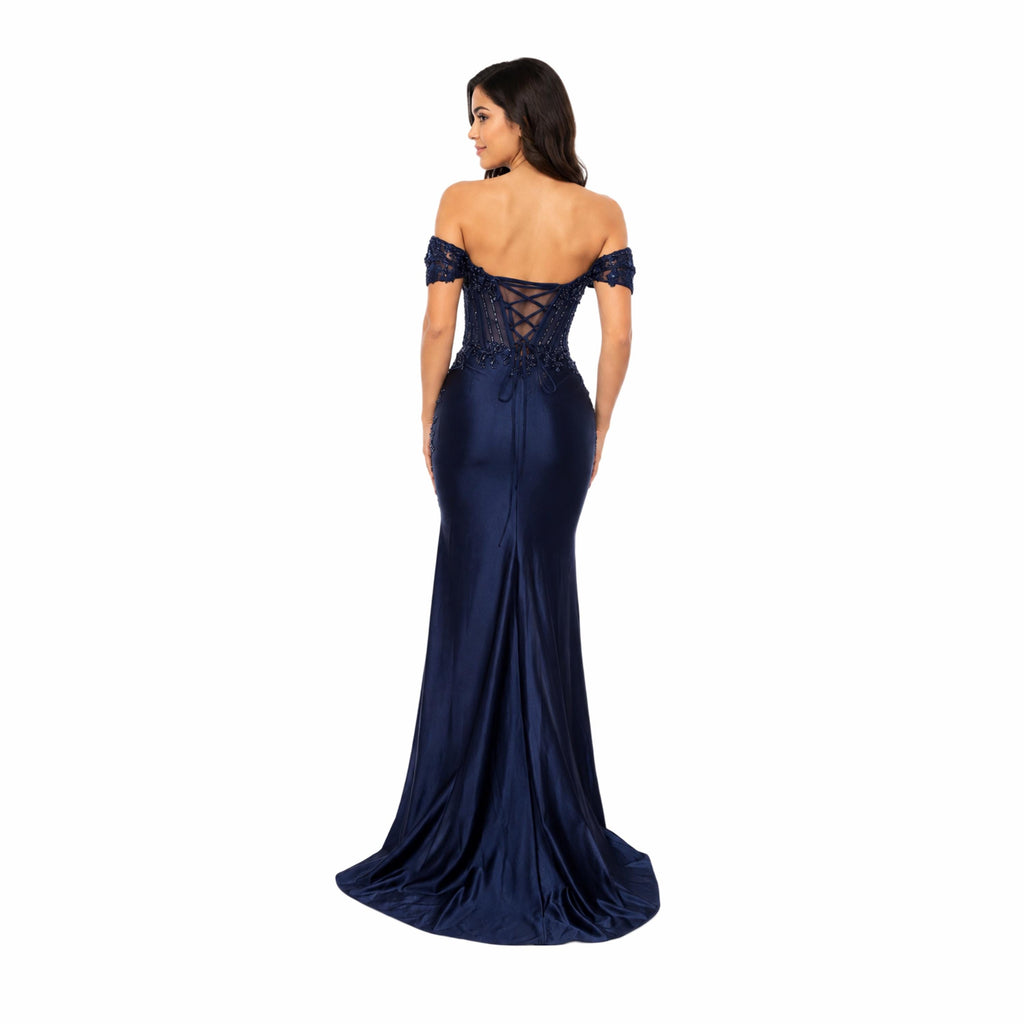 Cindy 50520 Elegant Off-the-Shoulder Evening Gown with Ruched Detail and High Slit for Formal Events Navy Womenswear