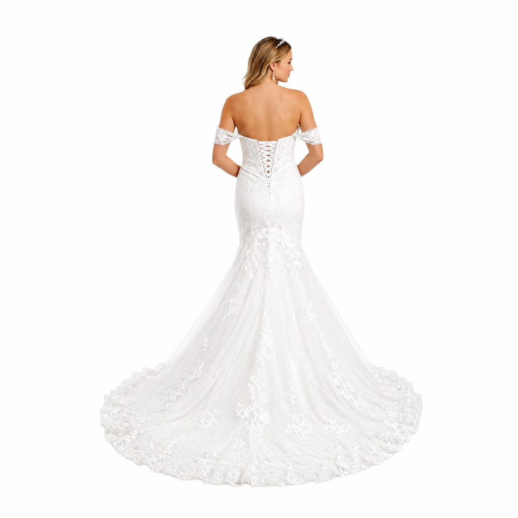 Cindy -C722 Elegant Off White -Shoulder Bridal Gown with Intricate Lace Detailing and Flowing Train for a Timeless Look
