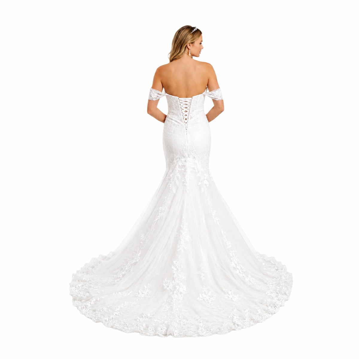 Cindy -C722 Elegant Off White -Shoulder Bridal Gown with Intricate Lace Detailing and Flowing Train for a Timeless Look