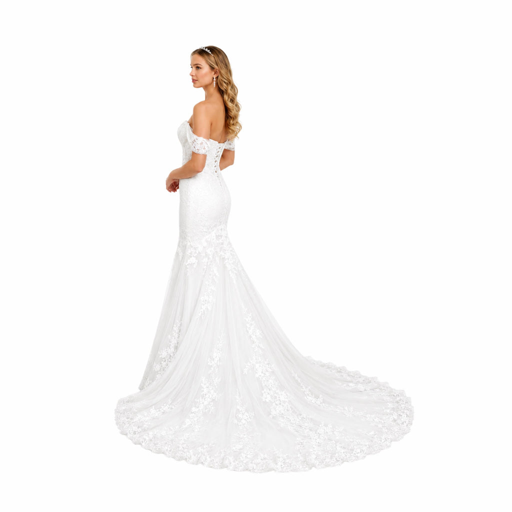 Cindy -C722 Elegant Off White -Shoulder Bridal Gown with Intricate Lace Detailing and Flowing Train for a Timeless Look