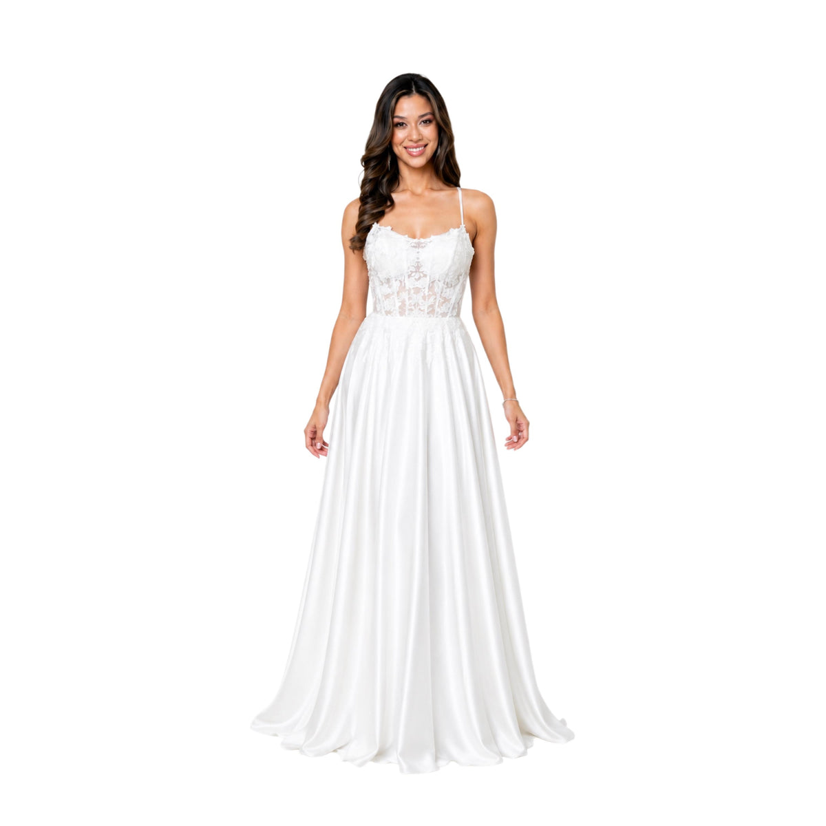 EVA 5289 Satin Prom Dress, Lace Corset Formal Gown, Spaghetti Strap A-Line Evening Dress, Wedding Guest & Quinceañera Gown