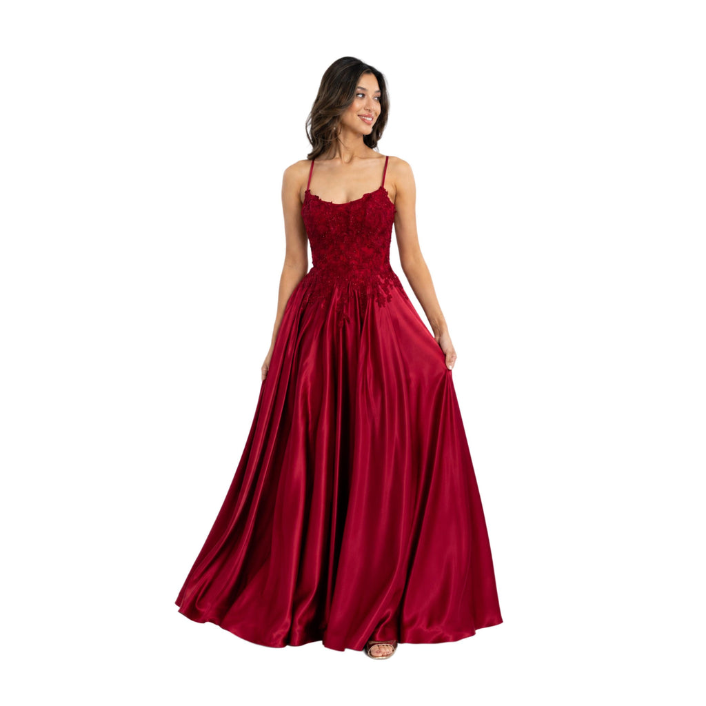 EVA 5289 Satin Prom Dress, Lace Corset Formal Gown, Spaghetti Strap A-Line Evening Dress, Wedding Guest & Quinceañera Gown