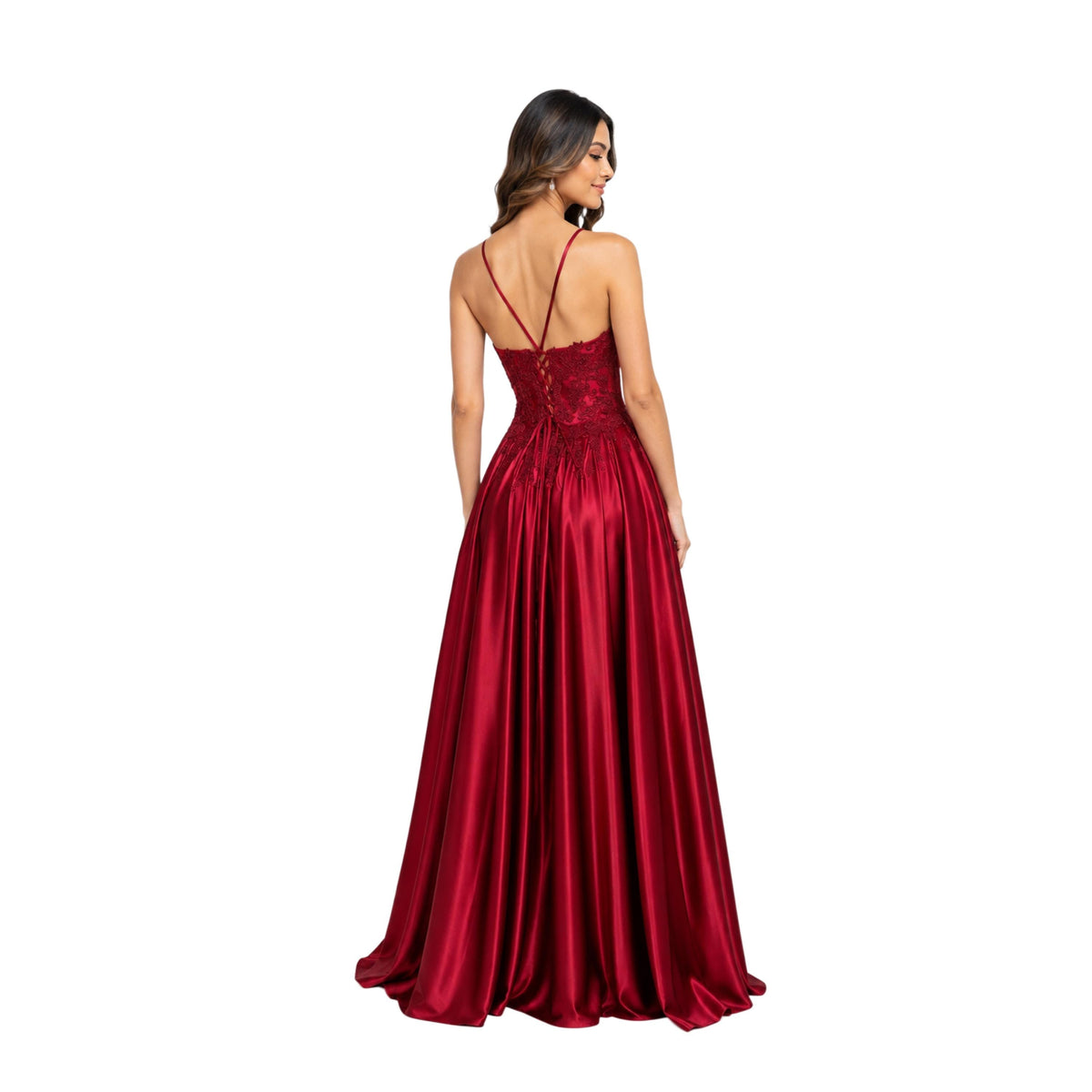 EVA 5289 Satin Prom Dress, Lace Corset Formal Gown, Spaghetti Strap A-Line Evening Dress, Wedding Guest & Quinceañera Gown