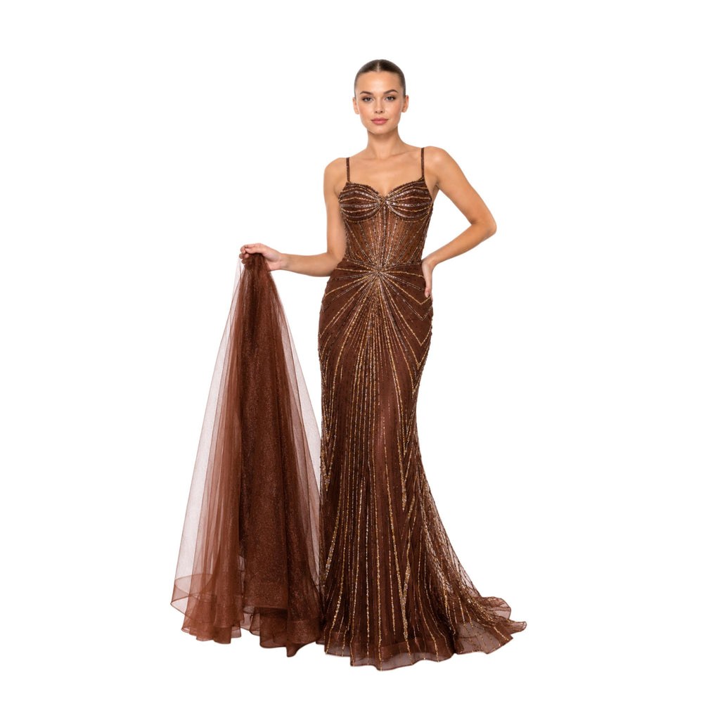 Hc 1009 Elegant Women's Beaded Corset Evening Gown with Sweetheart Neckline, Sparkling Detail y Flowing Tulle Overskirt for Prom & Gala