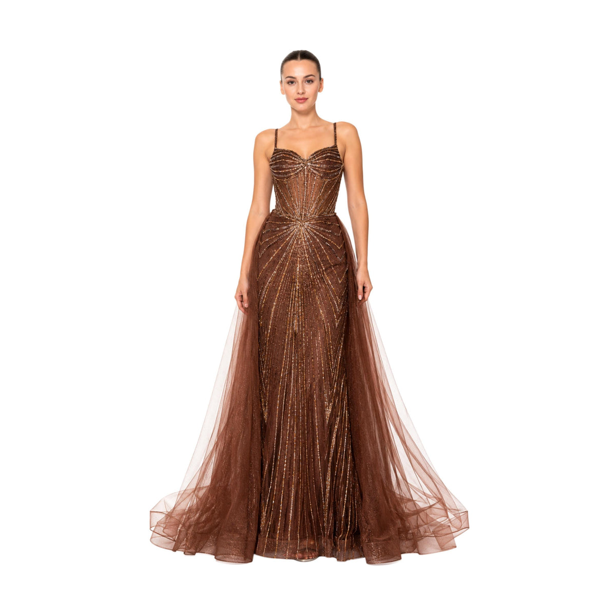 Hc 1009 Elegant Women's Beaded Corset Evening Gown with Sweetheart Neckline, Sparkling Detail y Flowing Tulle Overskirt for Prom & Gala