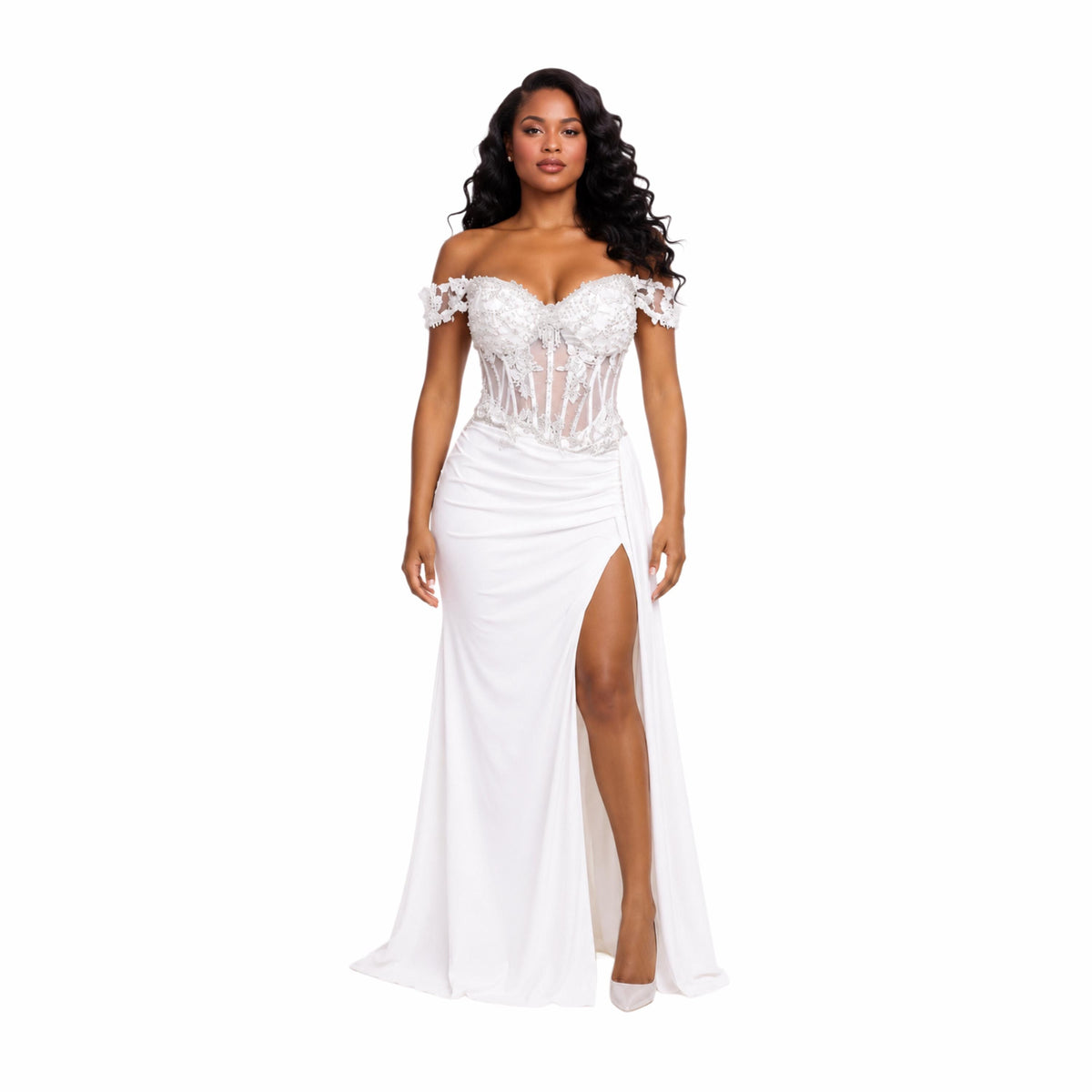 VS 31020 Elegant Off Shoulder Corset Evening Gown with 3D Floral Lace, High Slit & Draped Satin Skirt – Formal Prom Dress for Women