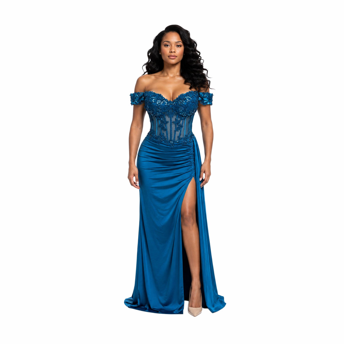 VS 31020 Elegant Off Shoulder Corset Evening Gown with 3D Floral Lace, High Slit & Draped Satin Skirt – Formal Prom Dress for Women