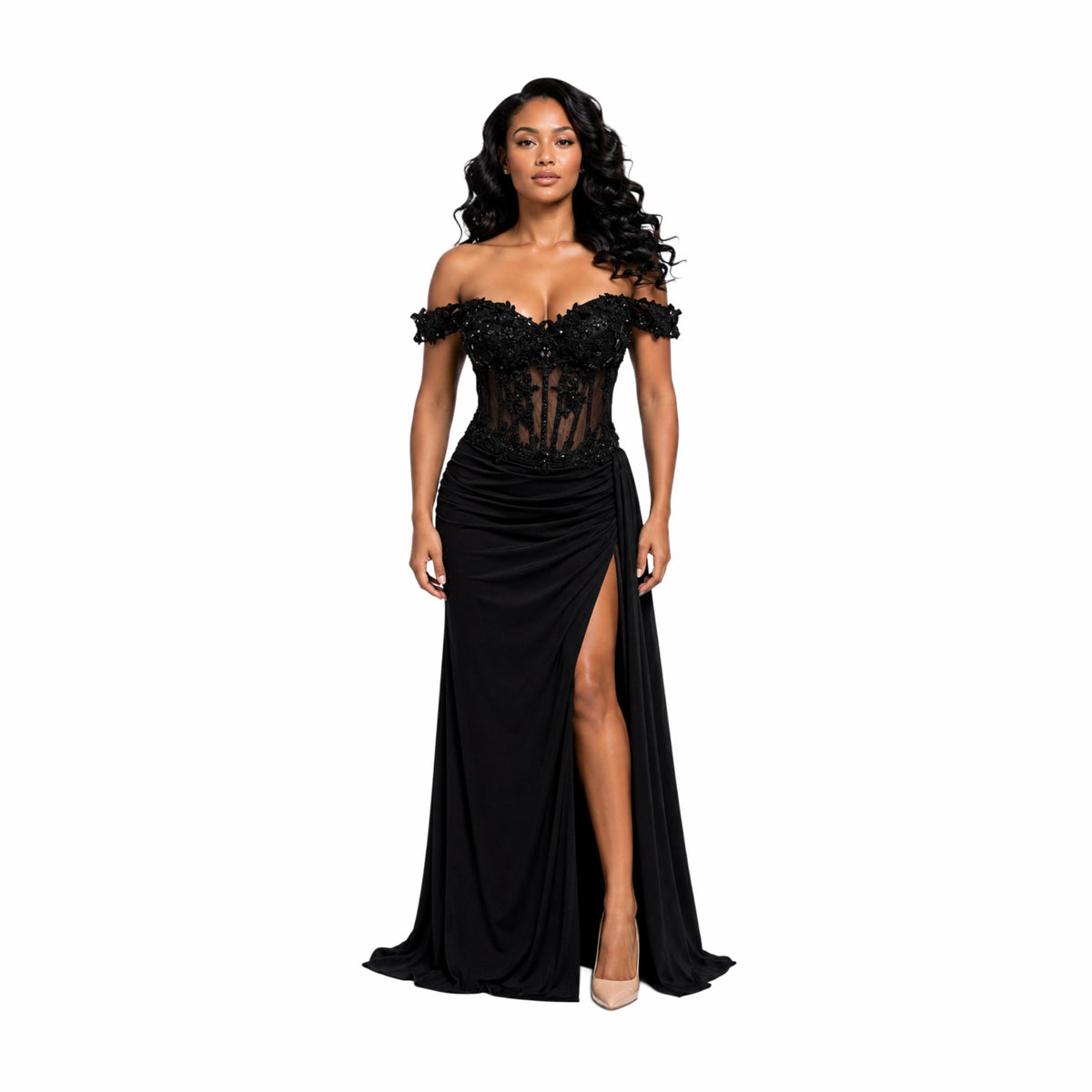 VS 31020 Elegant Off Shoulder Corset Evening Gown with 3D Floral Lace, High Slit & Draped Satin Skirt – Formal Prom Dress for Women