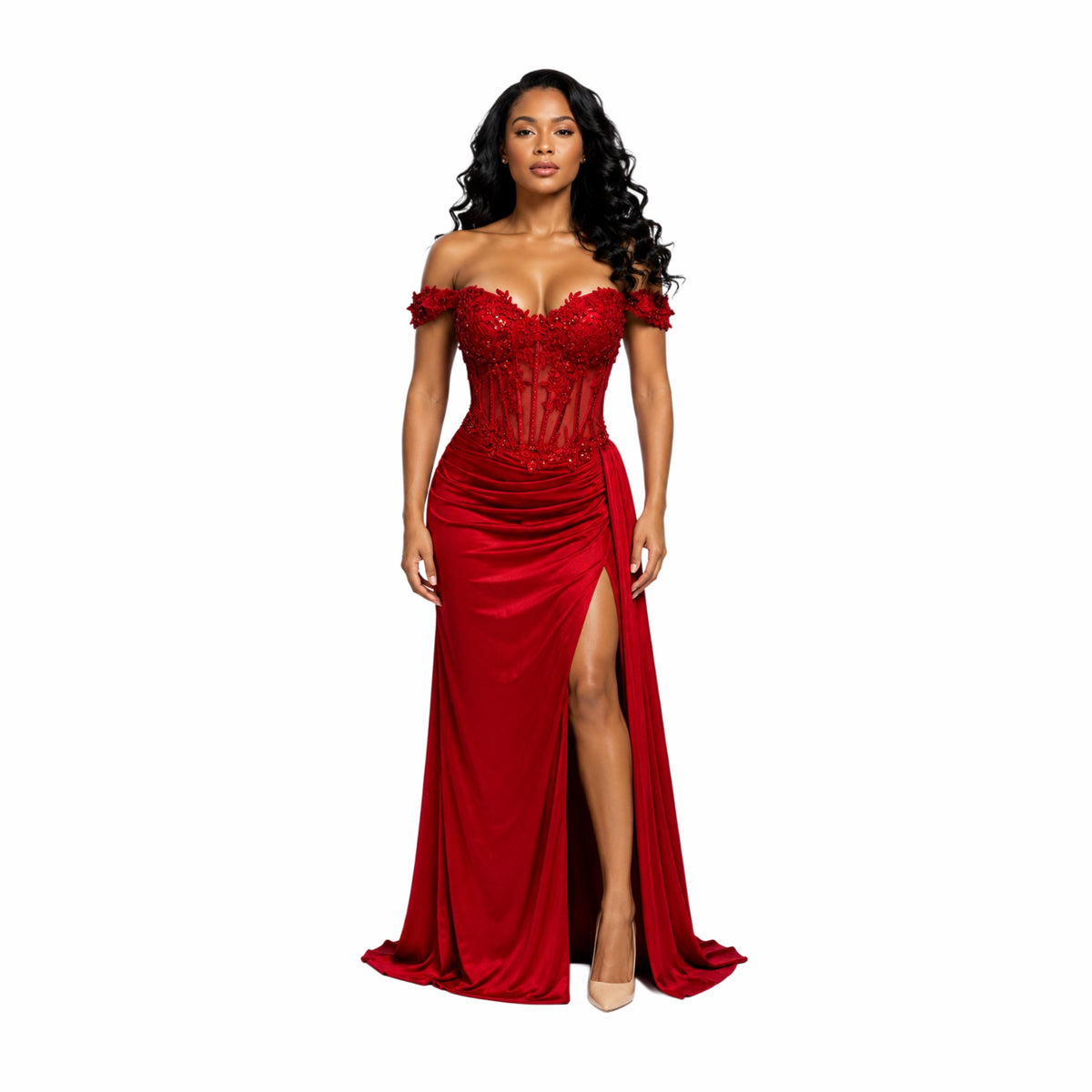 VS 31020 Elegant Off Shoulder Corset Evening Gown with 3D Floral Lace, High Slit & Draped Satin Skirt – Formal Prom Dress for Women
