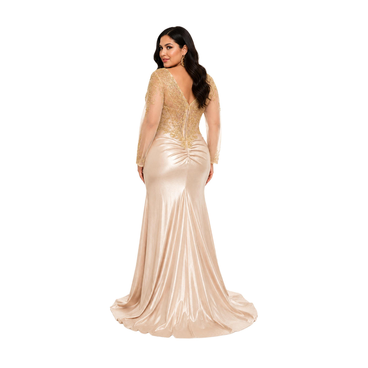 Lenovia-8431 Satin Prom Dress, Beaded Corset Evening Gown, Long Sleeve Formal Dress, Elegant Wedding Guest Dress
