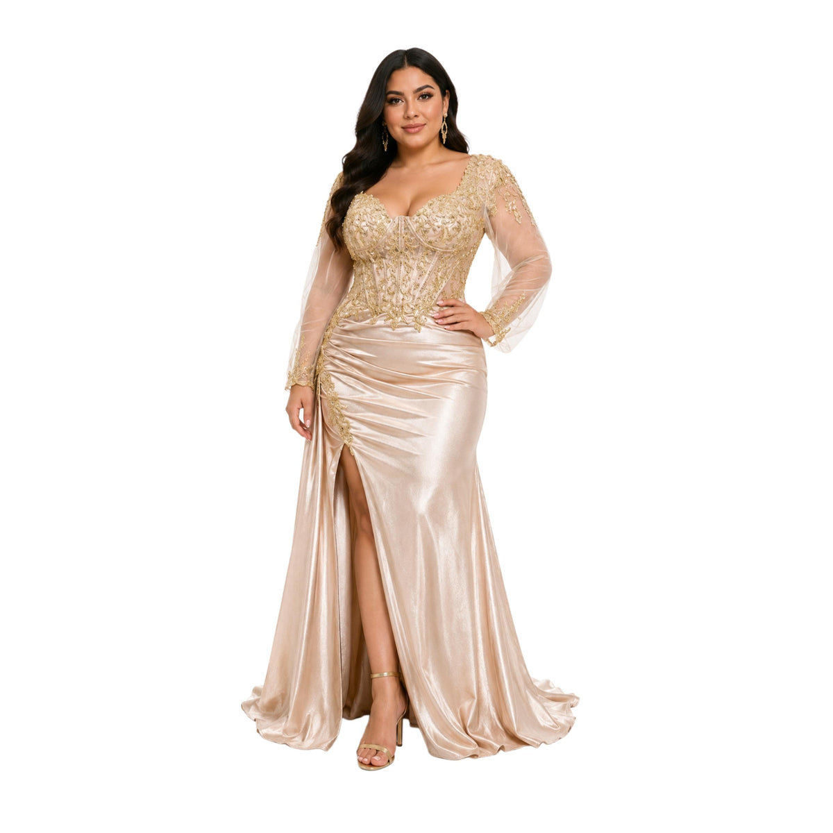 Lenovia-8431 Satin Prom Dress, Beaded Corset Evening Gown, Long Sleeve Formal Dress, Elegant Wedding Guest Dress