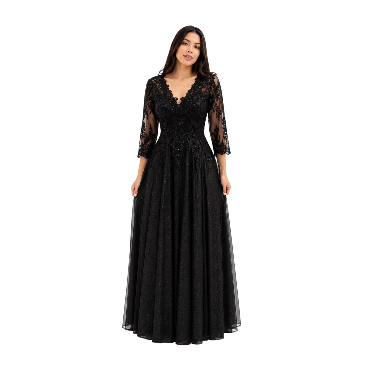 Cindy-C50509 Elegant Women’s Floor-Length Formal Evening Gown with Lace Appliqué, Sheer 3/4 Sleeves, V-Neckline, Glitter Tulle A-Line Skirt