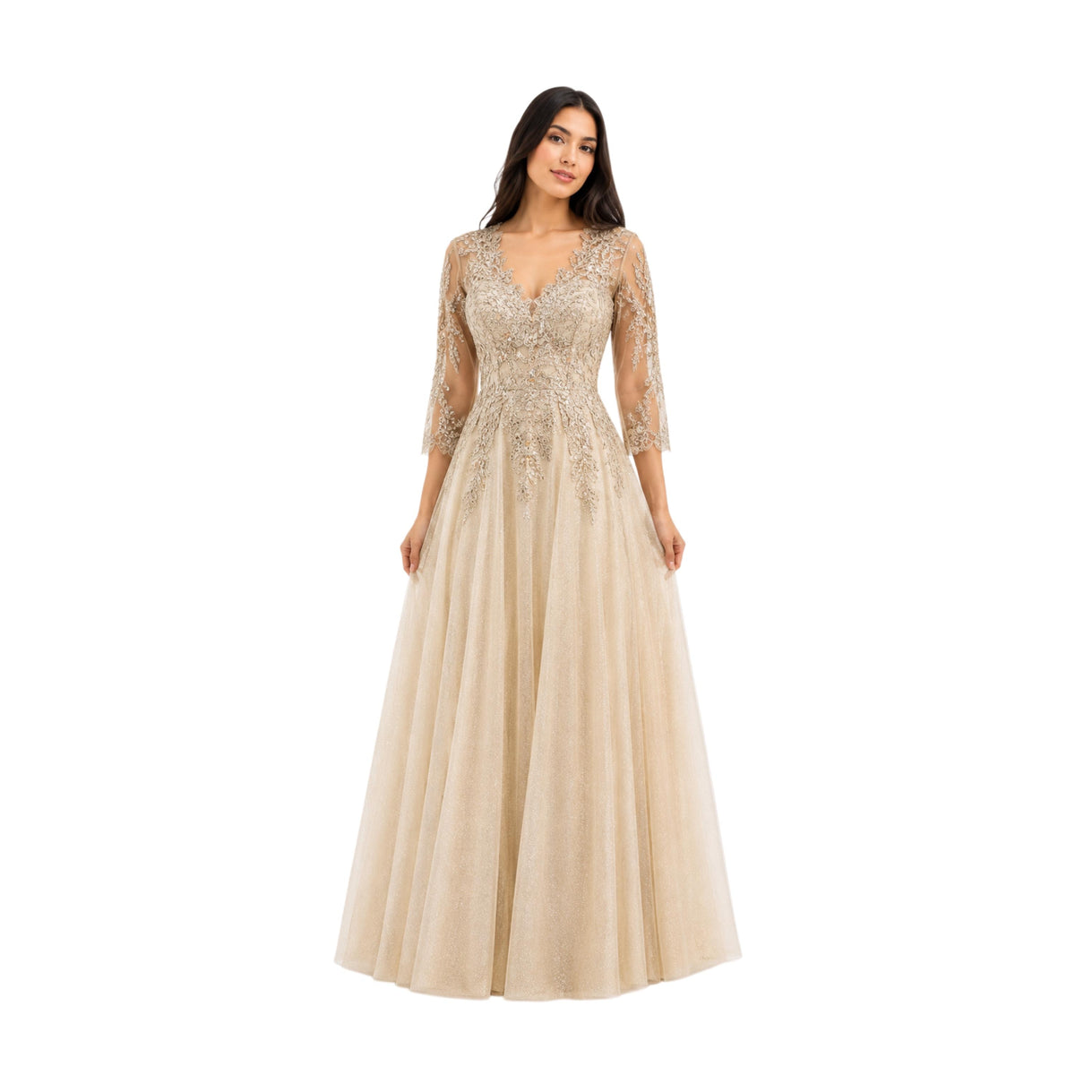 Cindy-C50509 Elegant Women’s Floor-Length Formal Evening Gown with Lace Appliqué, Sheer 3/4 Sleeves, V-Neckline, Glitter Tulle A-Line Skirt