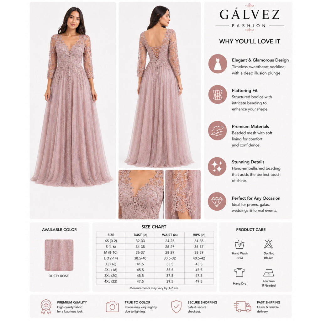 Cindy-C50509 Elegant Women’s Floor-Length Formal Evening Gown with Lace Appliqué, Sheer 3/4 Sleeves, V-Neckline, Glitter Tulle A-Line Skirt