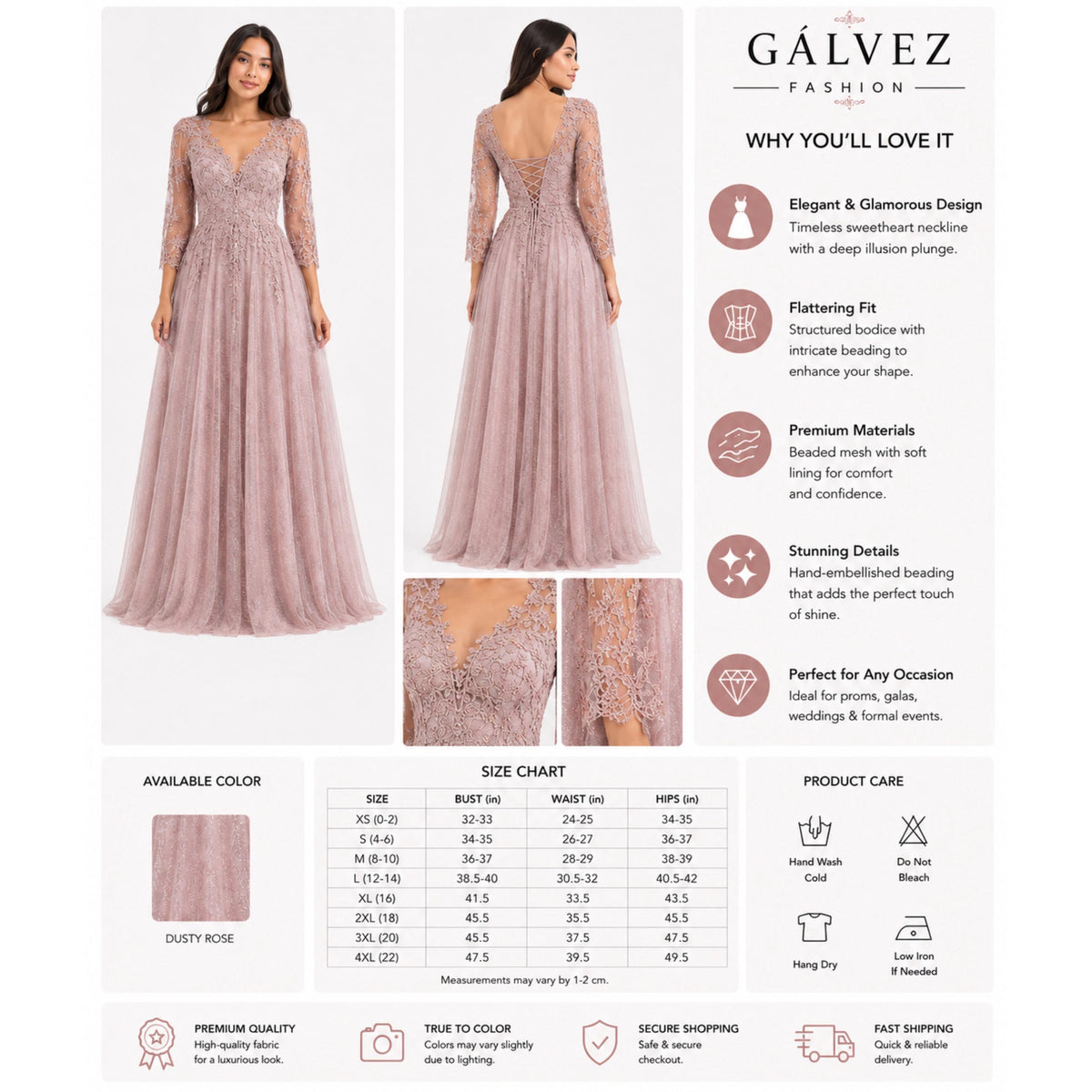 Cindy-C50509 Elegant Women’s Floor-Length Formal Evening Gown with Lace Appliqué, Sheer 3/4 Sleeves, V-Neckline, Glitter Tulle A-Line Skirt