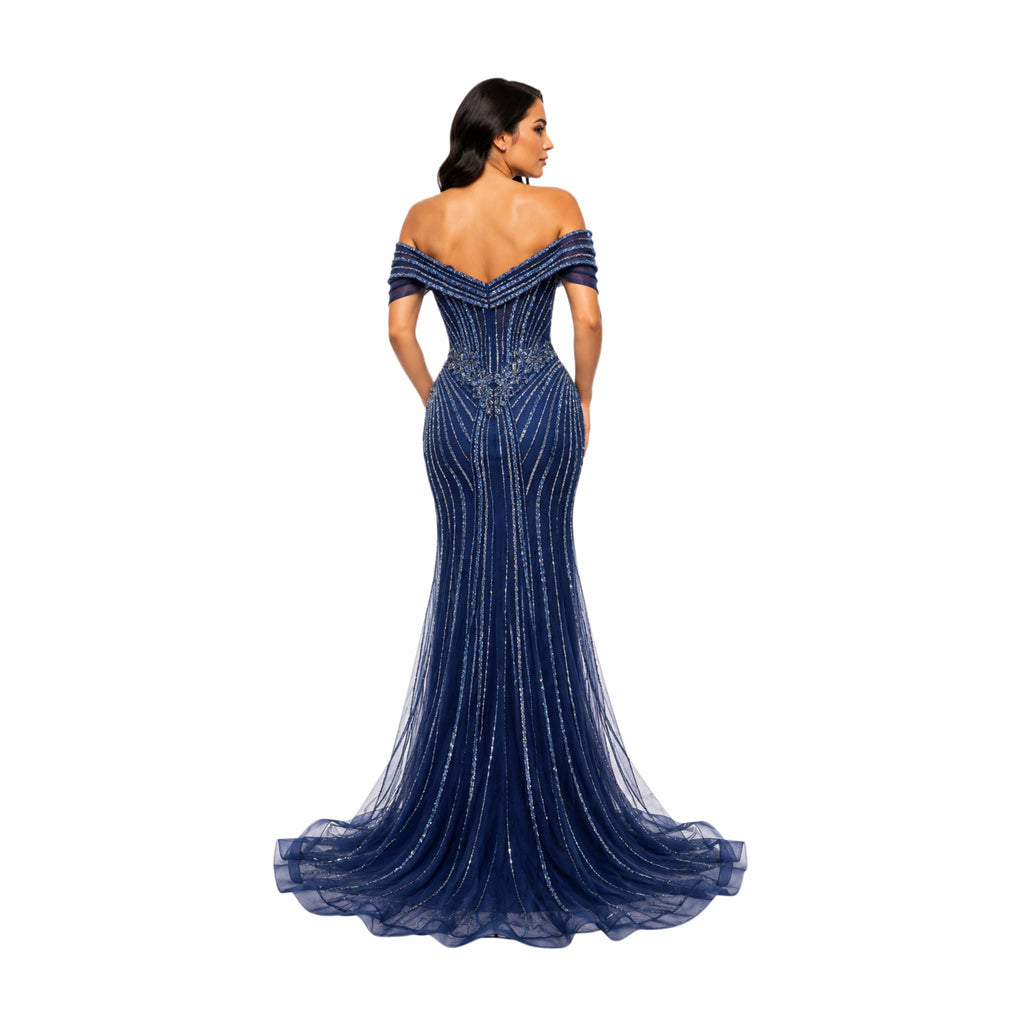 Lenovia-8523 Elegant Off Shoulder Mermaid Prom Dress, Beaded Corset Evening Gown, Formal Wedding Guest Dress, Gala & Special Occasion Gown