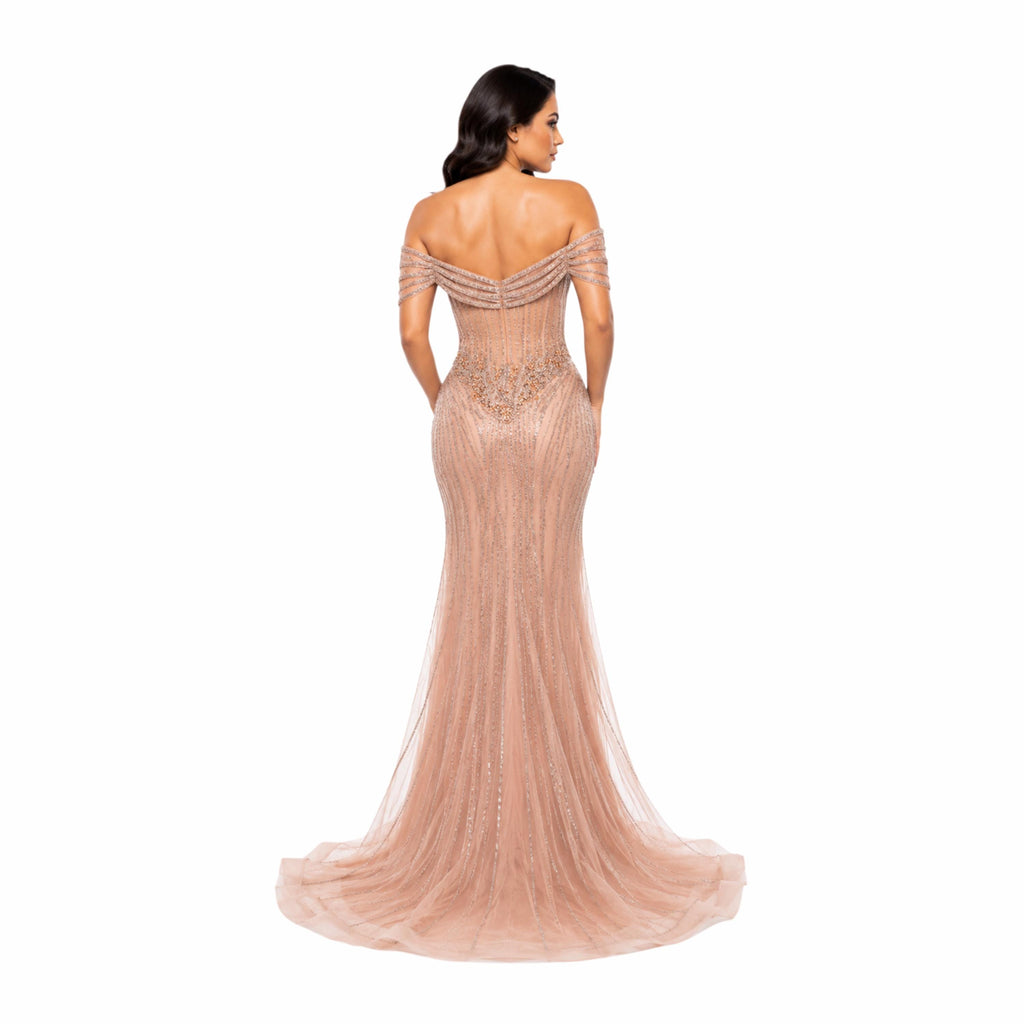 Lenovia-8523 Elegant Off Shoulder Mermaid Prom Dress, Beaded Corset Evening Gown, Formal Wedding Guest Dress, Gala & Special Occasion Gown