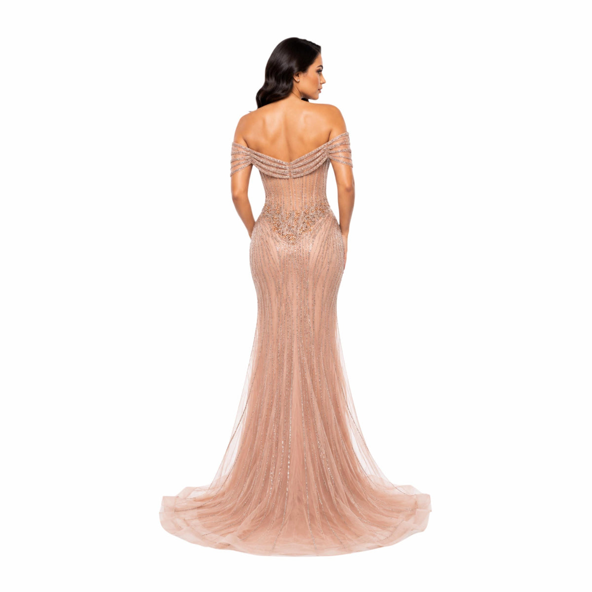 Lenovia-8523 Elegant Off Shoulder Mermaid Prom Dress, Beaded Corset Evening Gown, Formal Wedding Guest Dress, Gala & Special Occasion Gown