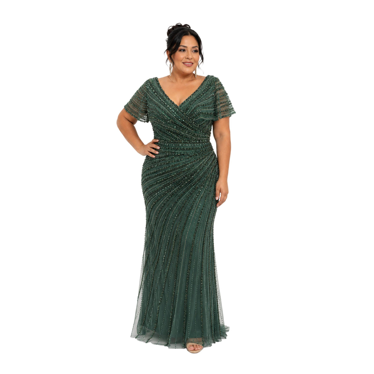 VS-723 Plus Size Beaded Evening Gown, Elegant V Neck Formal Dress, Wedding Guest Dress, Mother of the Bride Gown, Prom Gala Dress