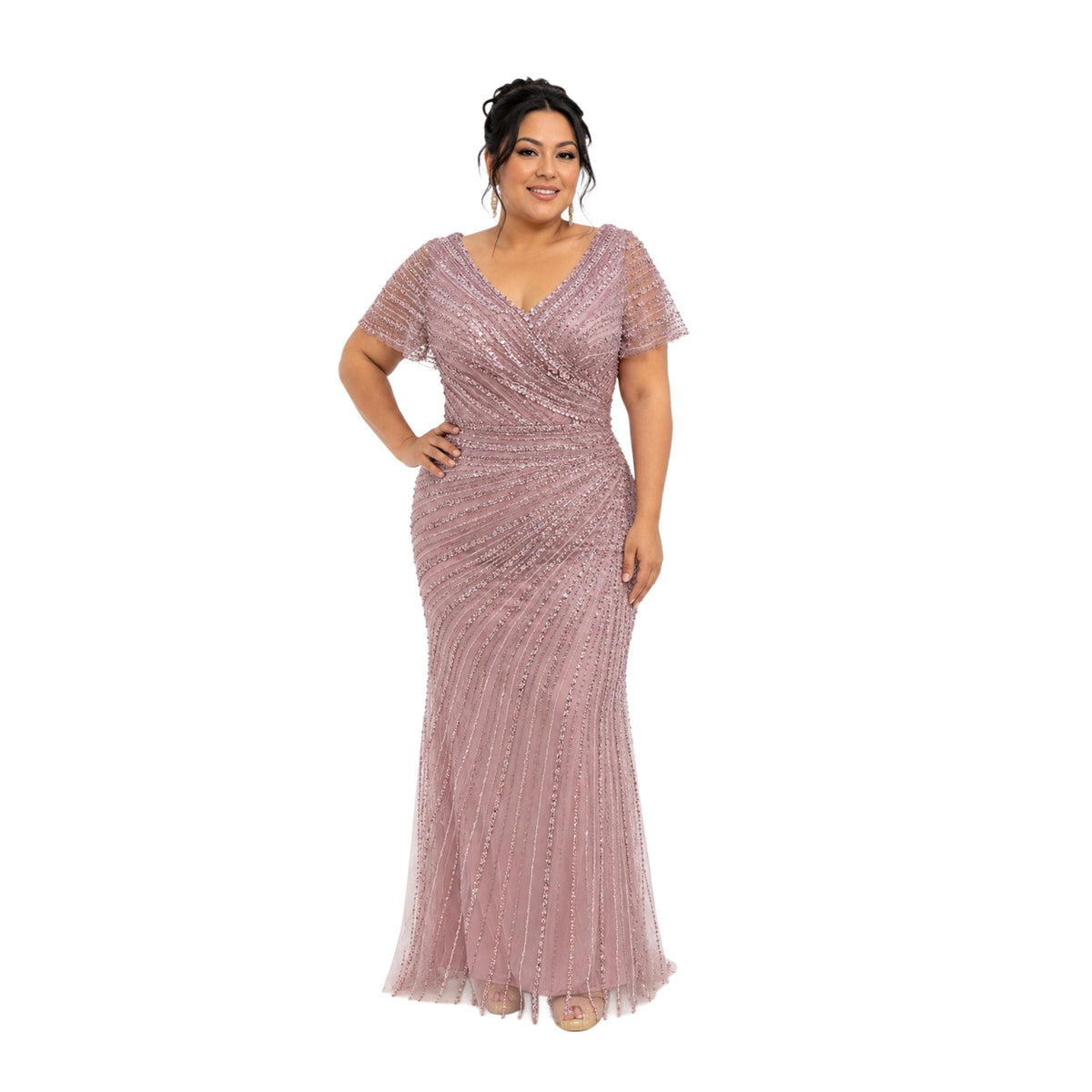 VS-723 Plus Size Beaded Evening Gown, Elegant V Neck Formal Dress, Wedding Guest Dress, Mother of the Bride Gown, Prom Gala Dress