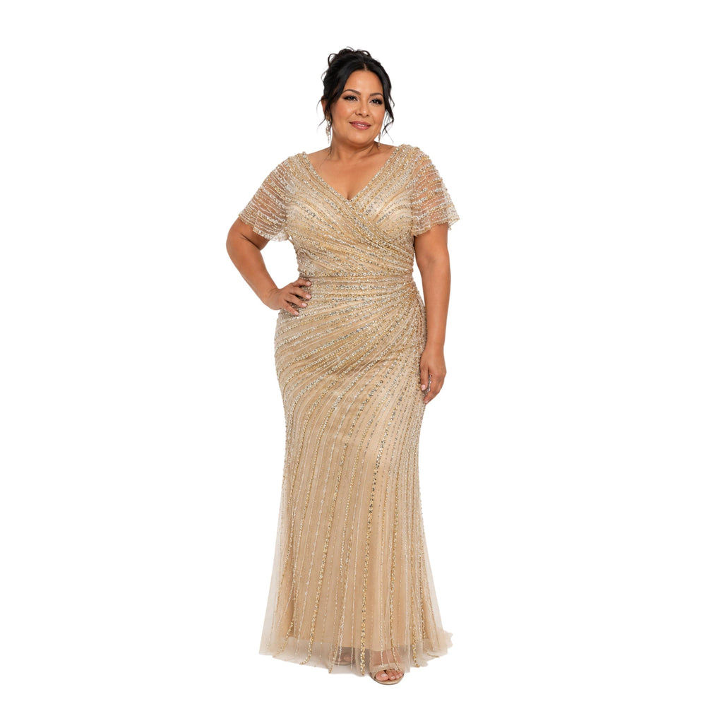 VS-723 Plus Size Beaded Evening Gown, Elegant V Neck Formal Dress, Wedding Guest Dress, Mother of the Bride Gown, Prom Gala Dress