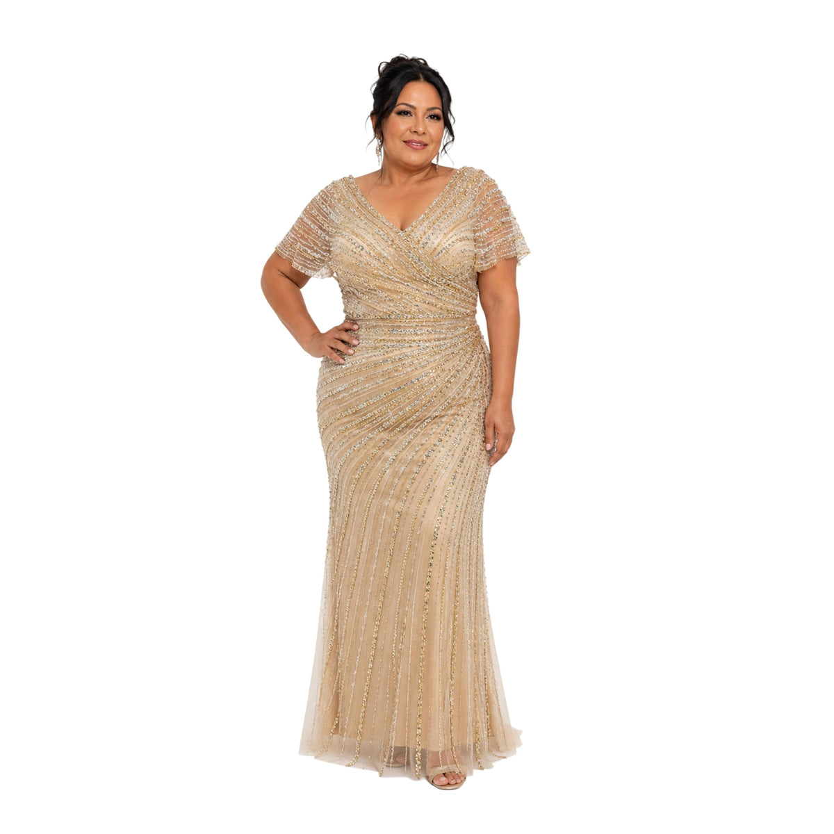 VS-723 Plus Size Beaded Evening Gown, Elegant V Neck Formal Dress, Wedding Guest Dress, Mother of the Bride Gown, Prom Gala Dress