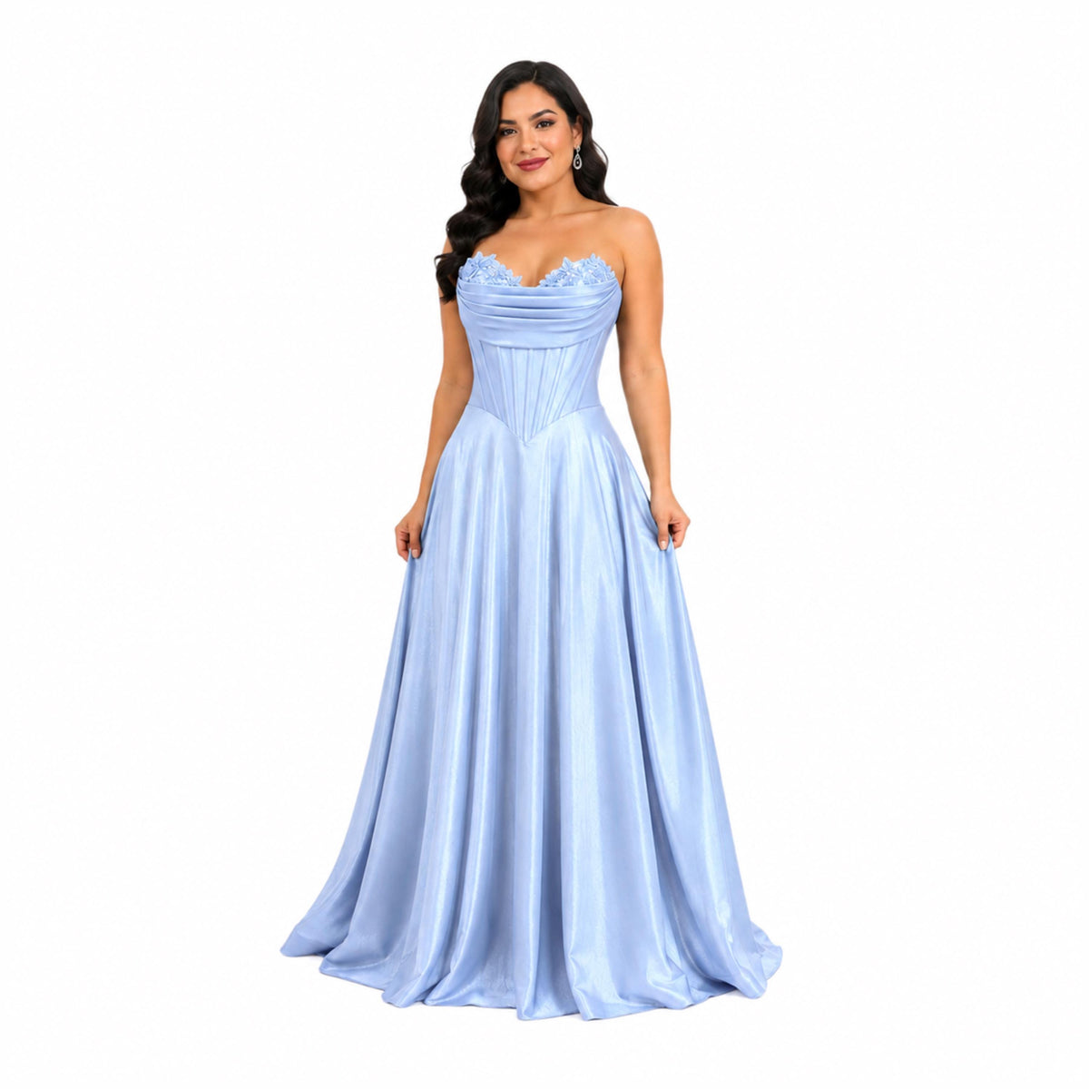 Cindy-50519 elegant strapless satin evening gown corset bodice floral lace bust a line floor length formal prom gala wedding guest dress