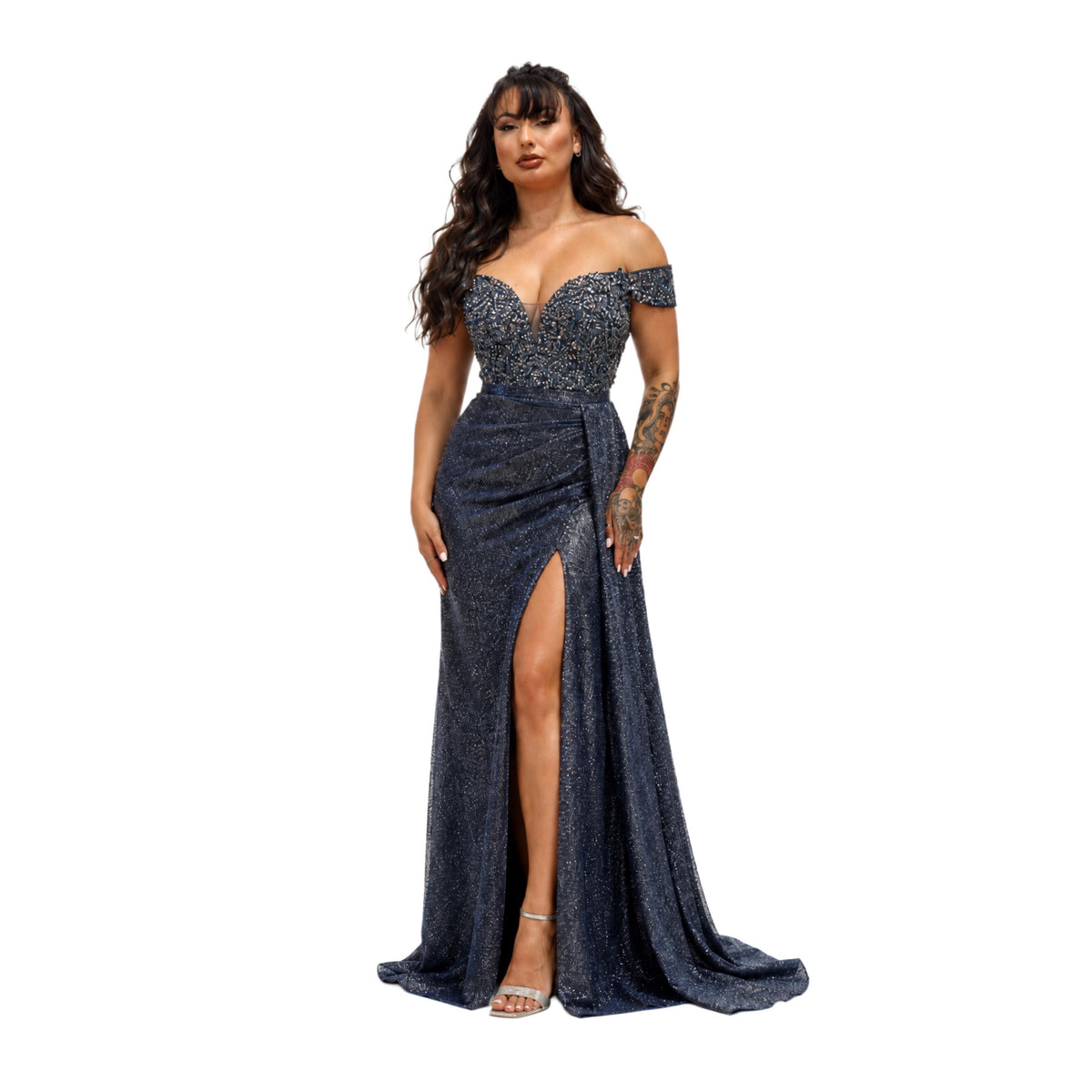 Cindy-50460 Elegant Off Shoulder Glitter Evening Gown with Beaded Corset Bodice High Slit Formal Prom Wedding Guest Dress XS to 3XL