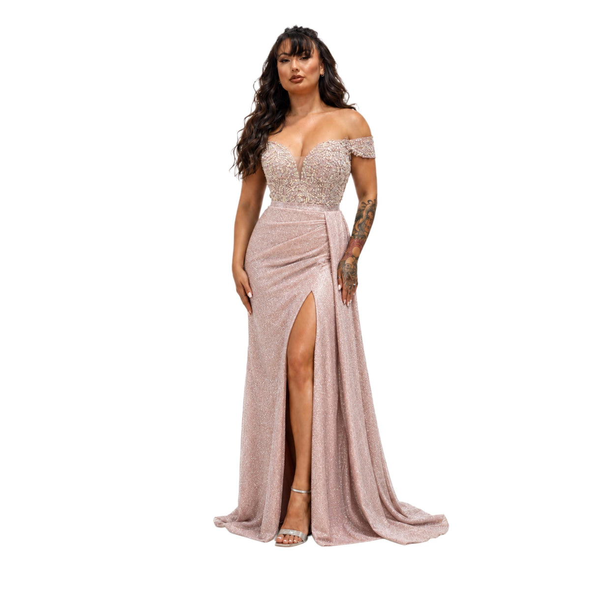 Cindy-50460 Elegant Off Shoulder Glitter Evening Gown with Beaded Corset Bodice High Slit Formal Prom Wedding Guest Dress XS to 3XL