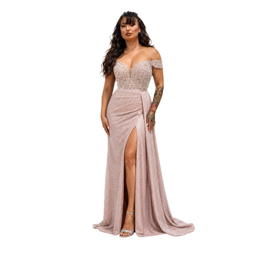 Cindy-50460 Elegant Off Shoulder Glitter Evening Gown with Beaded Corset Bodice High Slit Formal Prom Wedding Guest Dress XS to 3XL