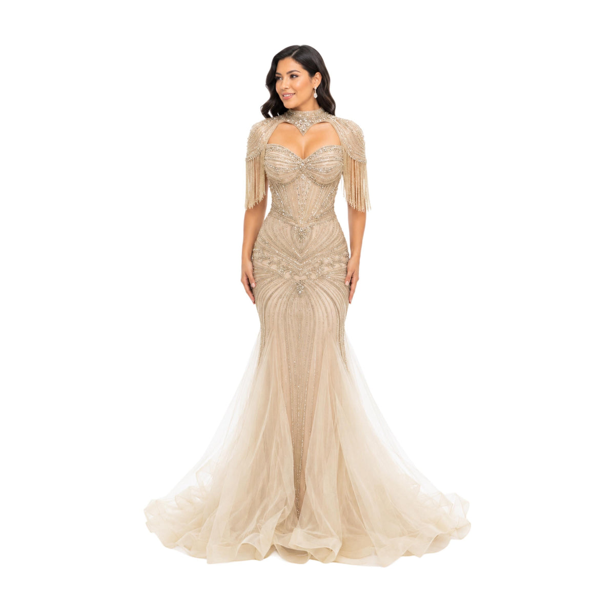 VS-0578 Elegant Beaded Mermaid Evening Gown with Cape Sleeves Corset Bodice Formal Prom Wedding Guest Dress