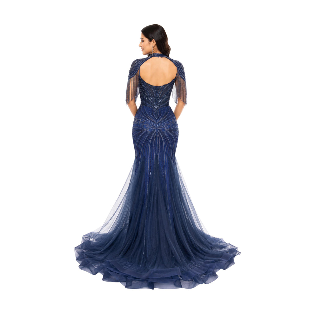 VS-0578 Elegant Beaded Mermaid Evening Gown with Cape Sleeves Corset Bodice Formal Prom Wedding Guest Dress