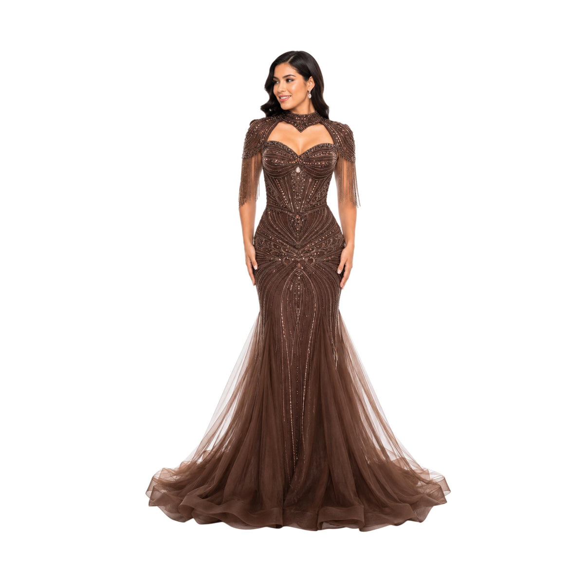VS-0578 Elegant Beaded Mermaid Evening Gown with Cape Sleeves Corset Bodice Formal Prom Wedding Guest Dress