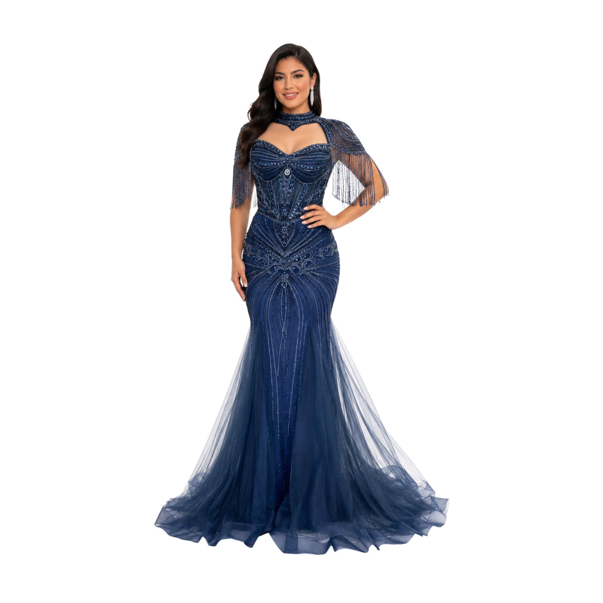 VS-0578 Elegant Beaded Mermaid Evening Gown with Cape Sleeves Corset Bodice Formal Prom Wedding Guest Dress