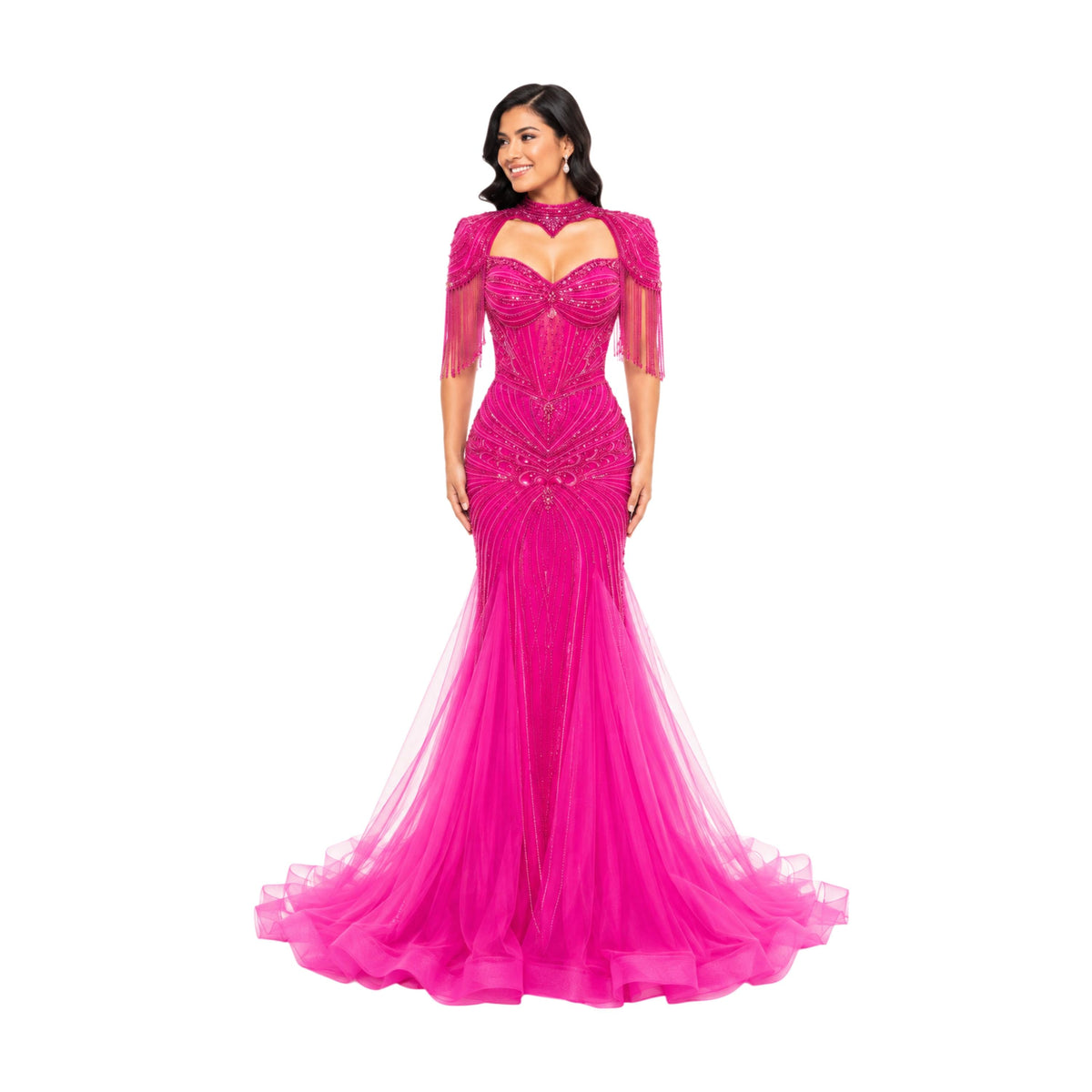 VS-0578 Elegant Beaded Mermaid Evening Gown with Cape Sleeves Corset Bodice Formal Prom Wedding Guest Dress
