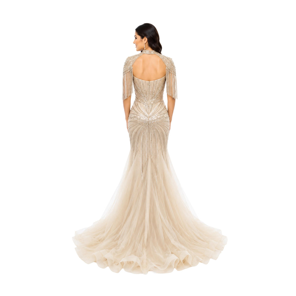 VS-0578 Elegant Beaded Mermaid Evening Gown with Cape Sleeves Corset Bodice Formal Prom Wedding Guest Dress