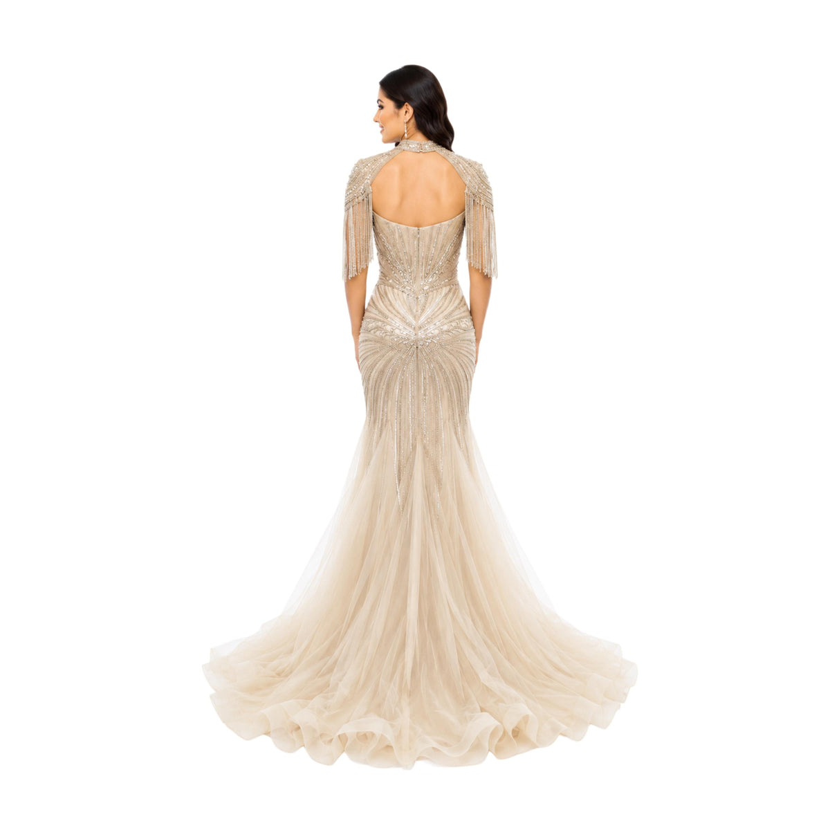 VS-0578 Elegant Beaded Mermaid Evening Gown with Cape Sleeves Corset Bodice Formal Prom Wedding Guest Dress