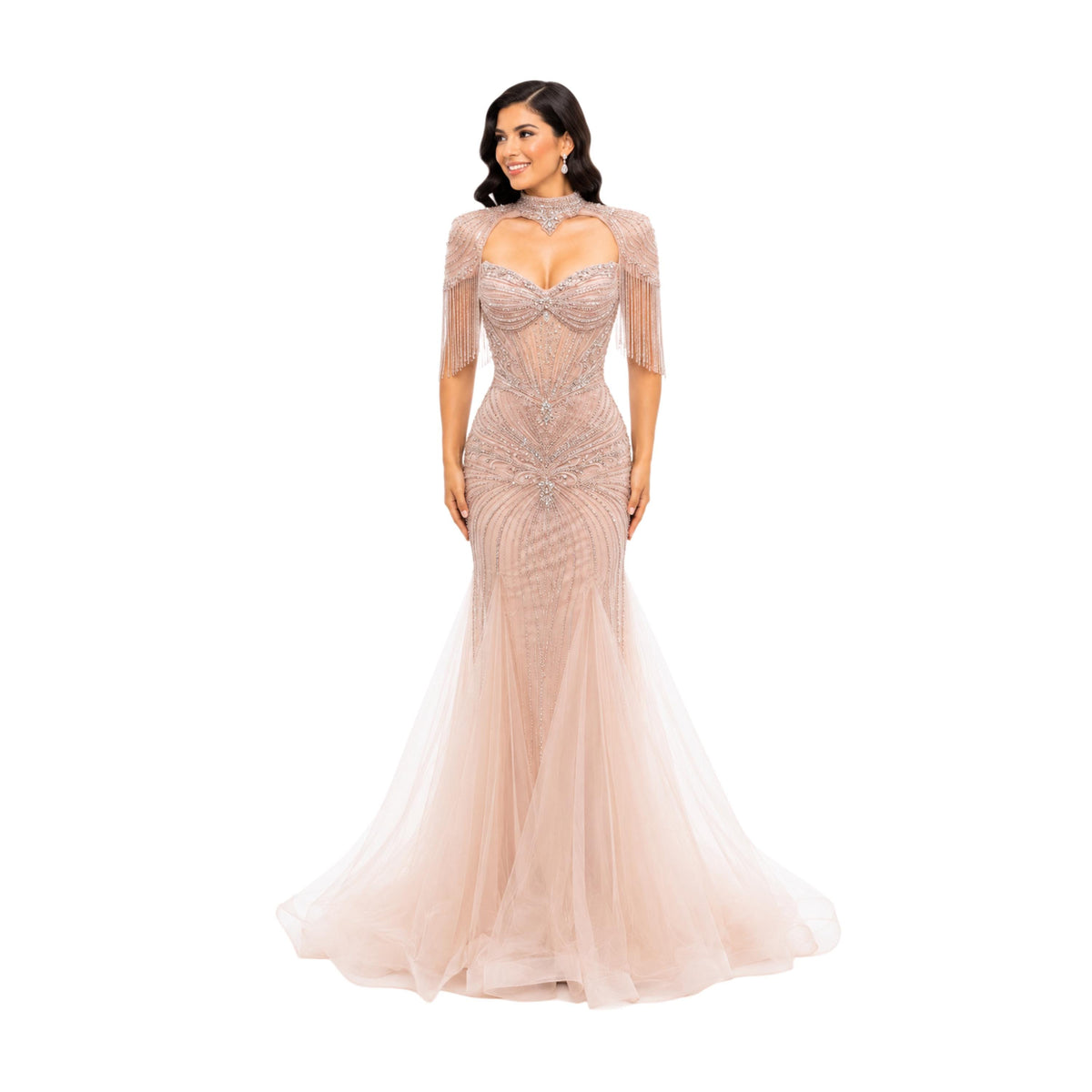 VS-0578 Elegant Beaded Mermaid Evening Gown with Cape Sleeves Corset Bodice Formal Prom Wedding Guest Dress