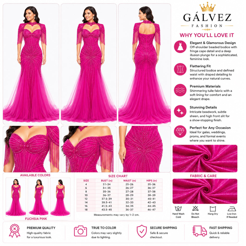 VS-0578 Elegant Beaded Mermaid Evening Gown with Cape Sleeves Corset Bodice Formal Prom Wedding Guest Dress