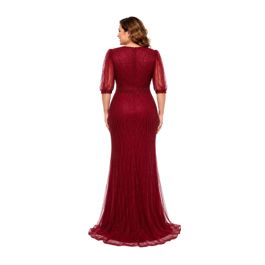 RQ 8290 Elegant Plus Size Beaded Evening Gown with V Neck and Sheer Sleeves for Weddings Galas and Formal Events