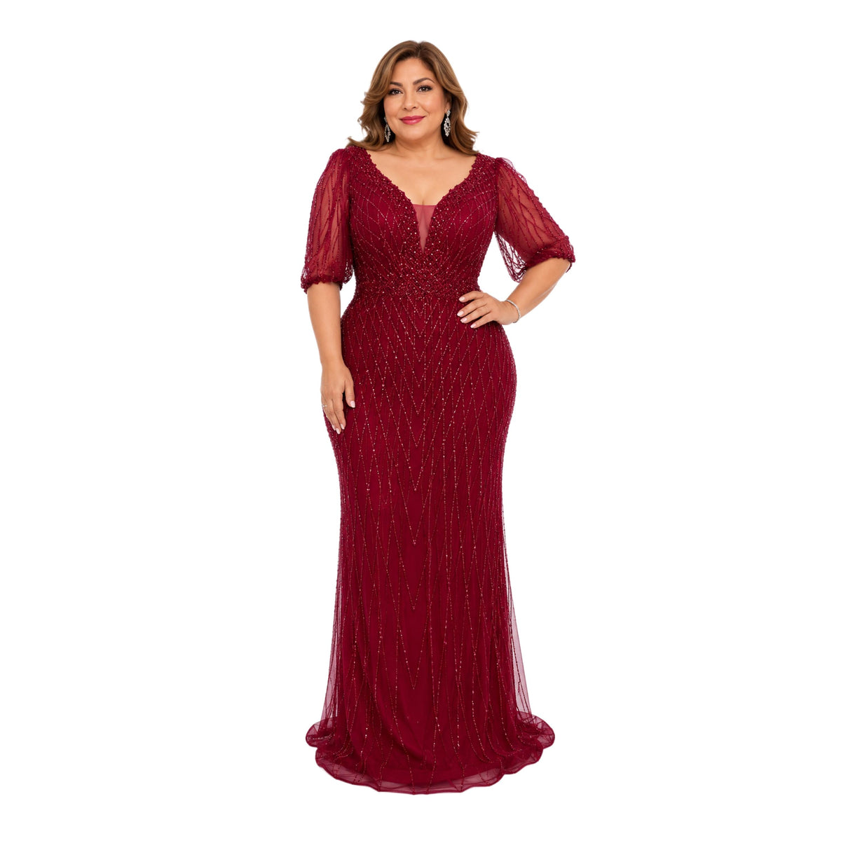 RQ 8290 Elegant Plus Size Beaded Evening Gown with V Neck and Sheer Sleeves for Weddings Galas and Formal Events