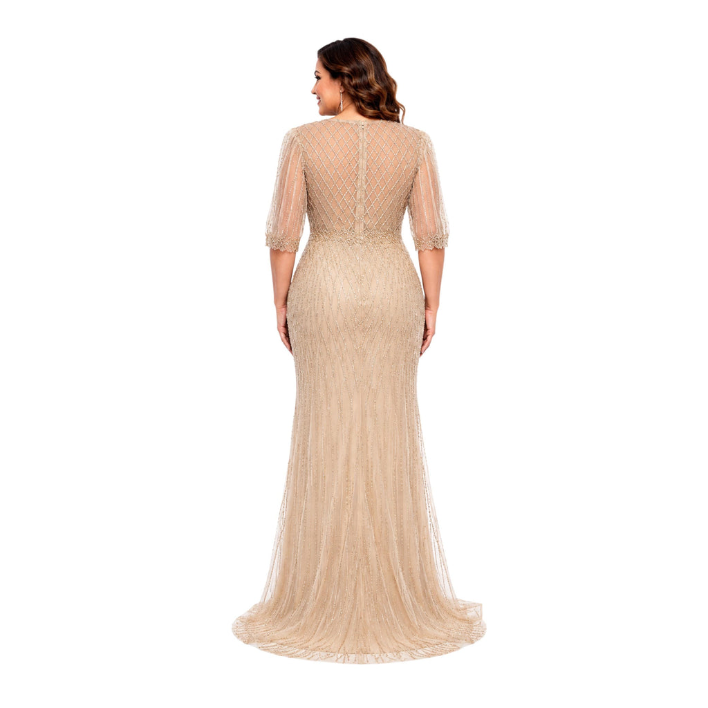 RQ 8290 Elegant Plus Size Beaded Evening Gown with V Neck and Sheer Sleeves for Weddings Galas and Formal Events