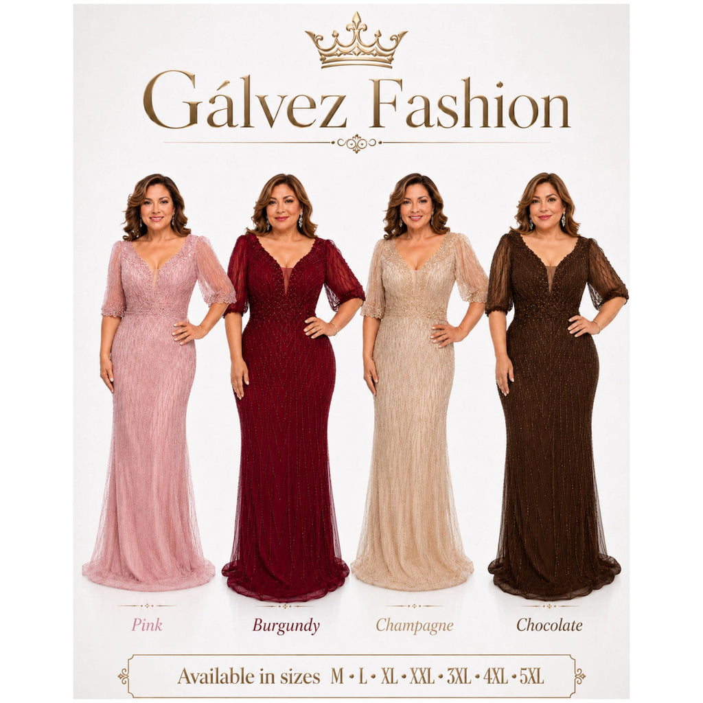 RQ 8290 Elegant Plus Size Beaded Evening Gown with V Neck and Sheer Sleeves for Weddings Galas and Formal Events