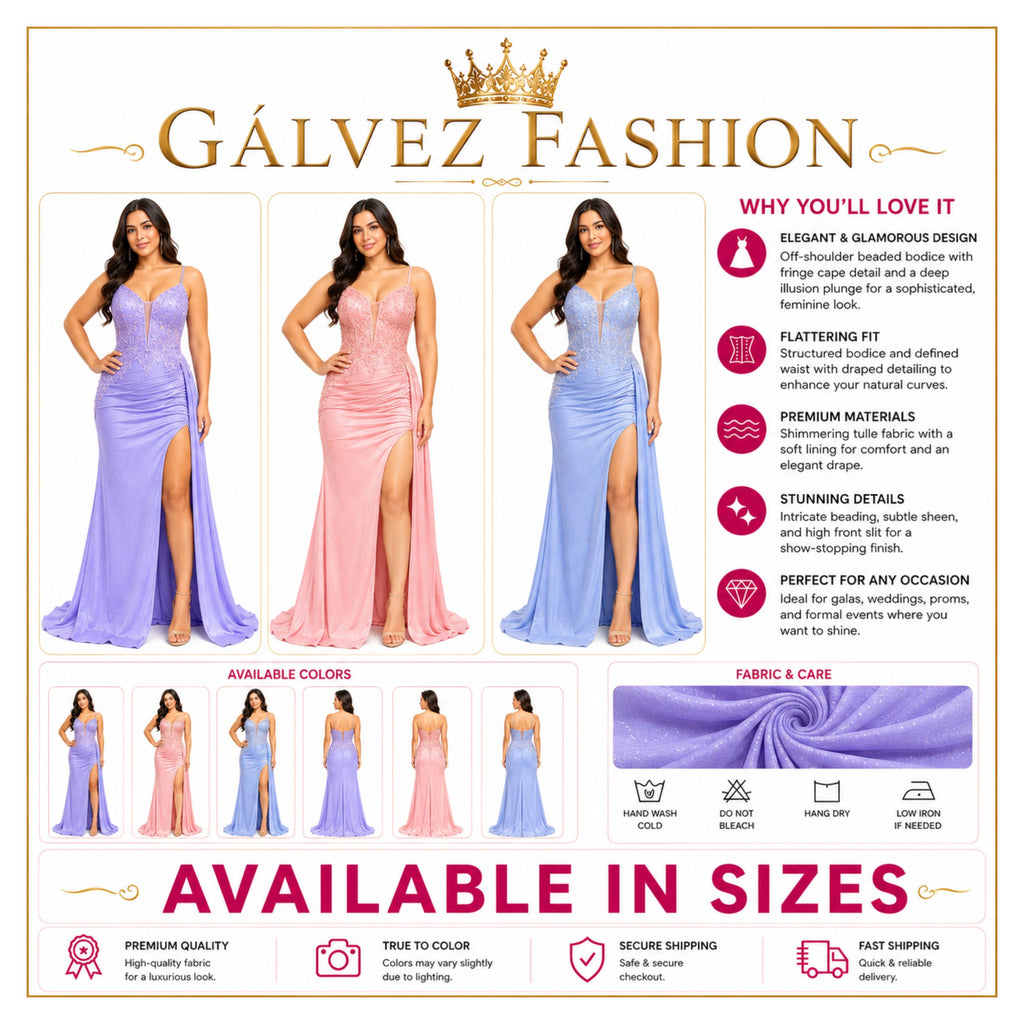DQ 4556 Women's Elegant Formal Evening Gown with Lace Corset Bodice, Spaghetti Straps, Ruched Waist, High Slit and Floor Length Train
