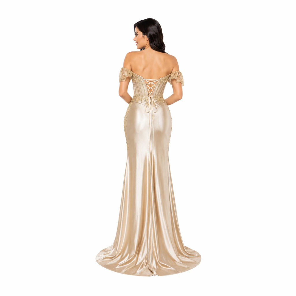 Cindy 50520 Elegant Off-the-Shoulder Evening Gown with Ruched Detail and High Slit for Formal Events Navy Womenswear