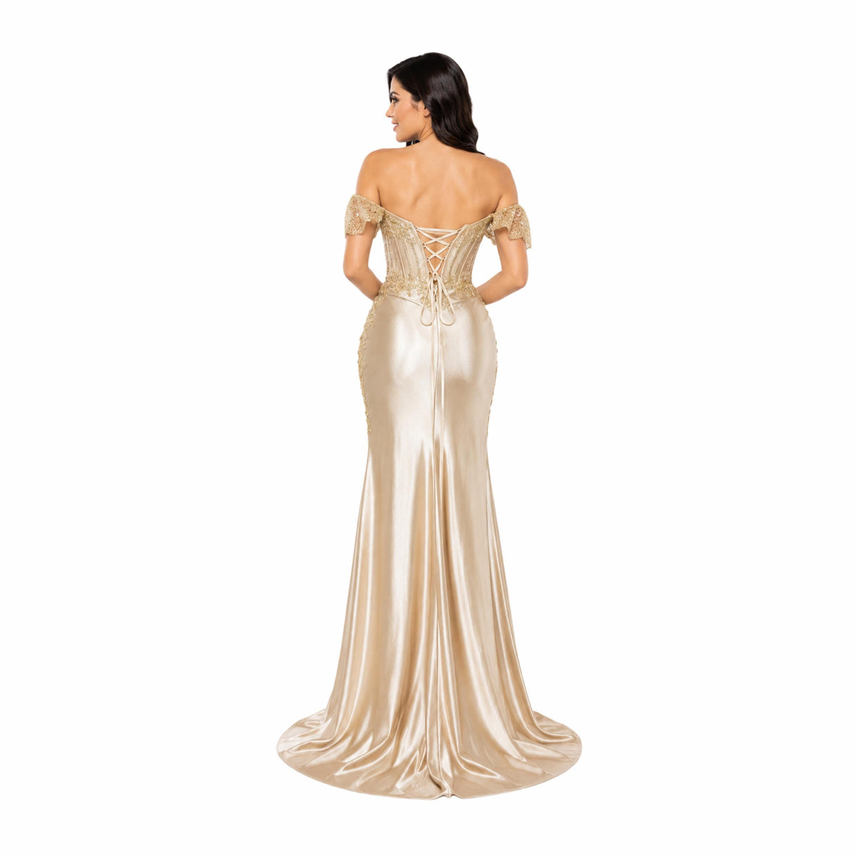 Cindy 50520 Elegant Off-the-Shoulder Evening Gown with Ruched Detail and High Slit for Formal Events Navy Womenswear