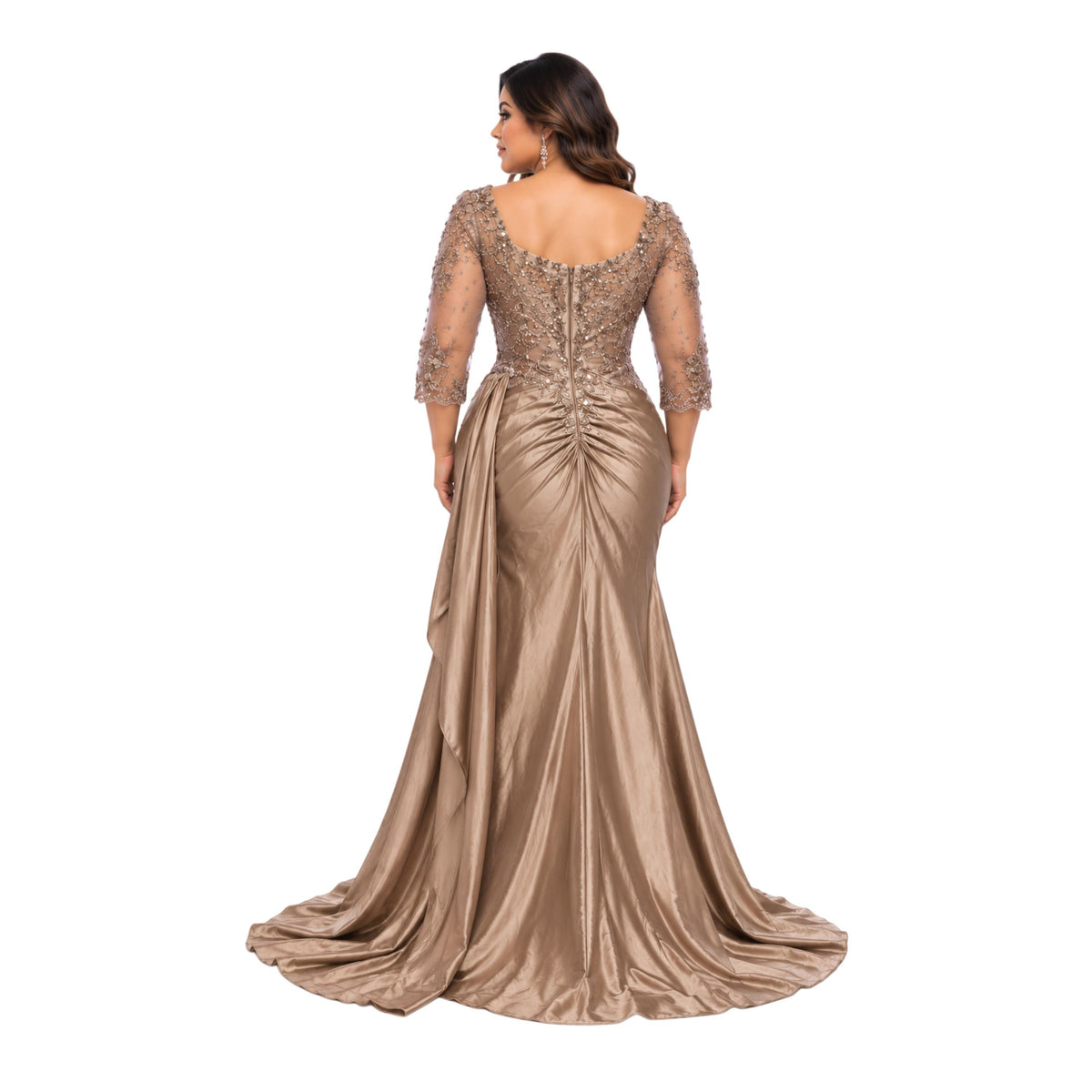 MayQueen -2255 Women’s Plus Size Formal Evening Gown with Embellished Lace Bodice, Sheer 3/4 Sleeves, V-Neckline, Ruched Satin Skirt