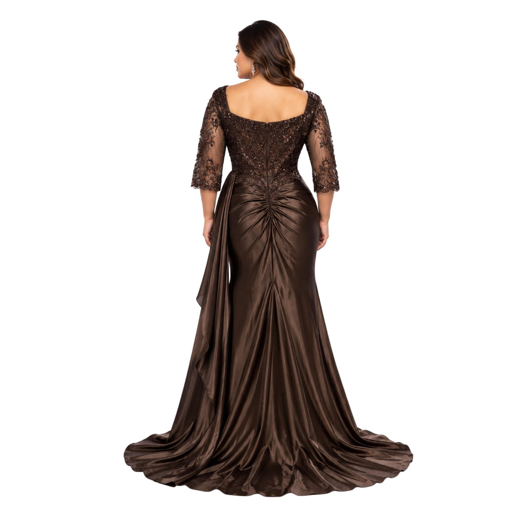 MayQueen -2255 Women’s Plus Size Formal Evening Gown with Embellished Lace Bodice, Sheer 3/4 Sleeves, V-Neckline, Ruched Satin Skirt